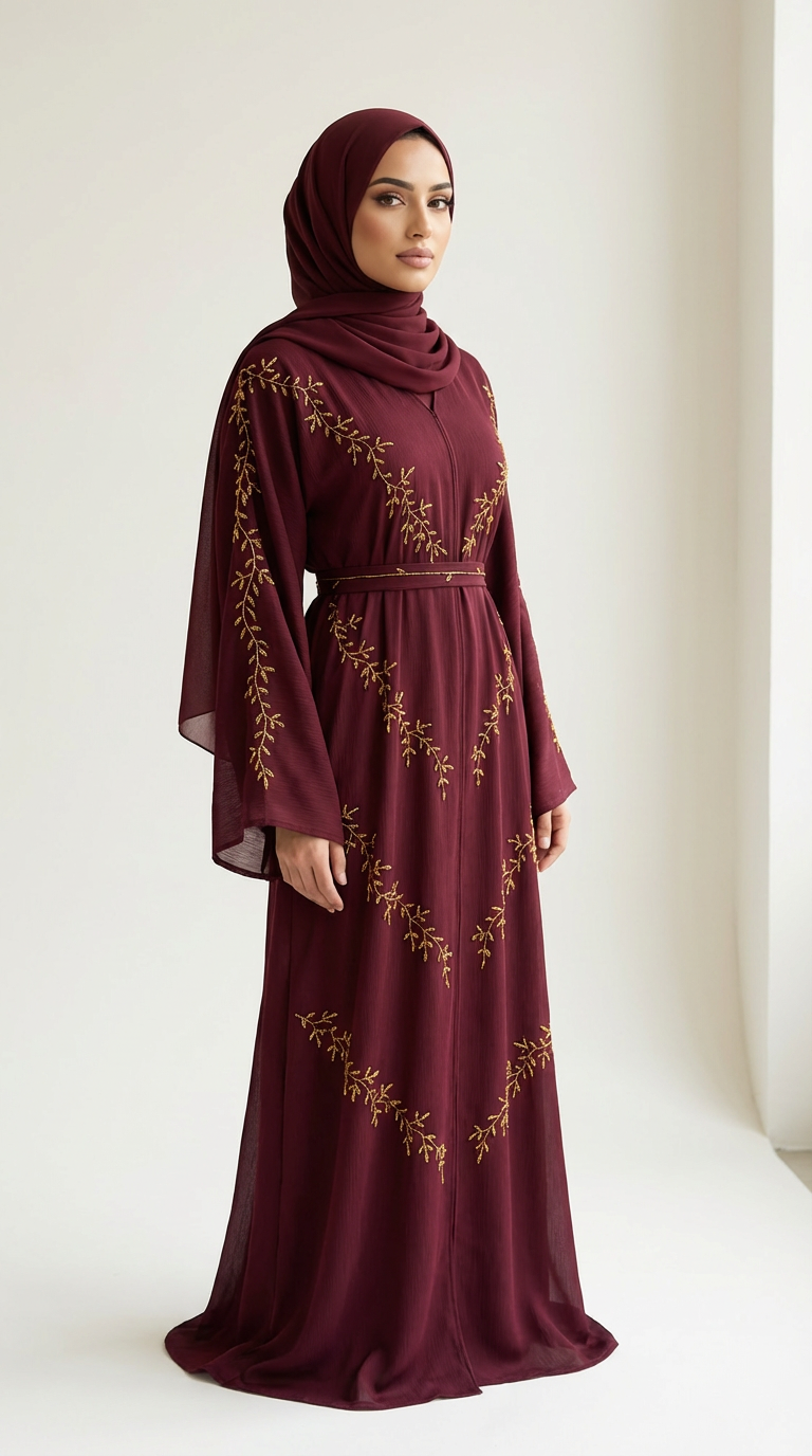 Abaya pedrería Liliam handwork Burdeos mamá e hija